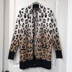 ANN TAYLOR White Gold Black Ombre Leopard Pocket Cardigan, Wool Blend, XS